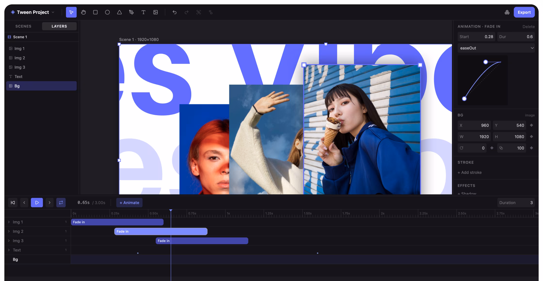 The Tween editor — layers panel, canvas, an easing-curve editor and a timeline